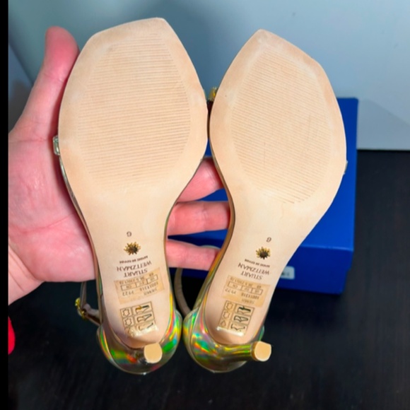 Stuart Weitzman Nudistcurve 100 Hologram Gold Patent Leather Sandals EU 36.5/US6 - Picture 9 of 16